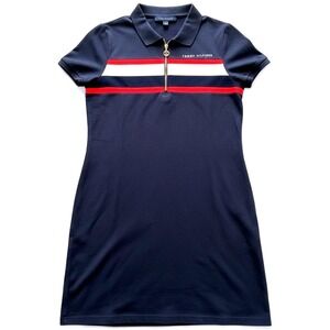 Tommy Hilfiger Womens PL Polo Dress Cotton Navy Blue Quarter Zip Stripe Preppy